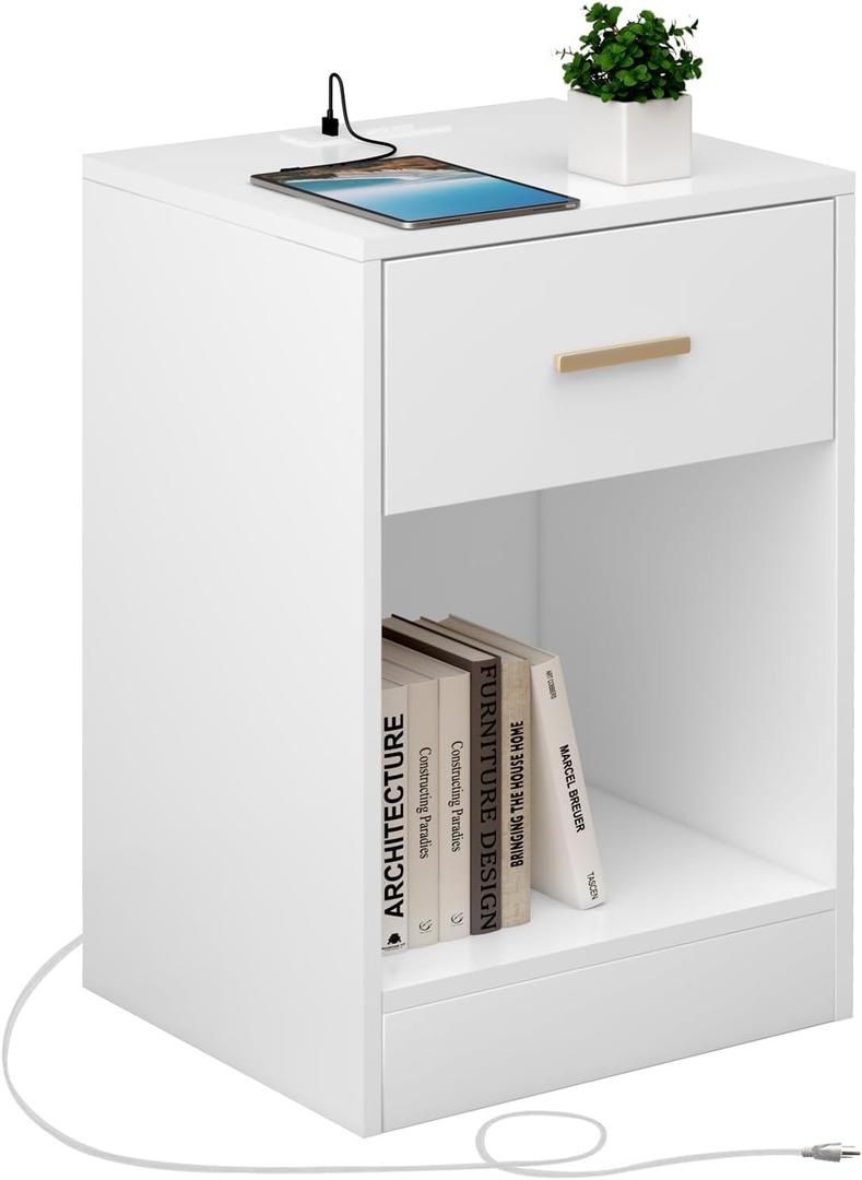 Nightstand with Charging Station, End Side Table with Storage Drawer and Open Cabinet, Bedside Table for Bedroom, White