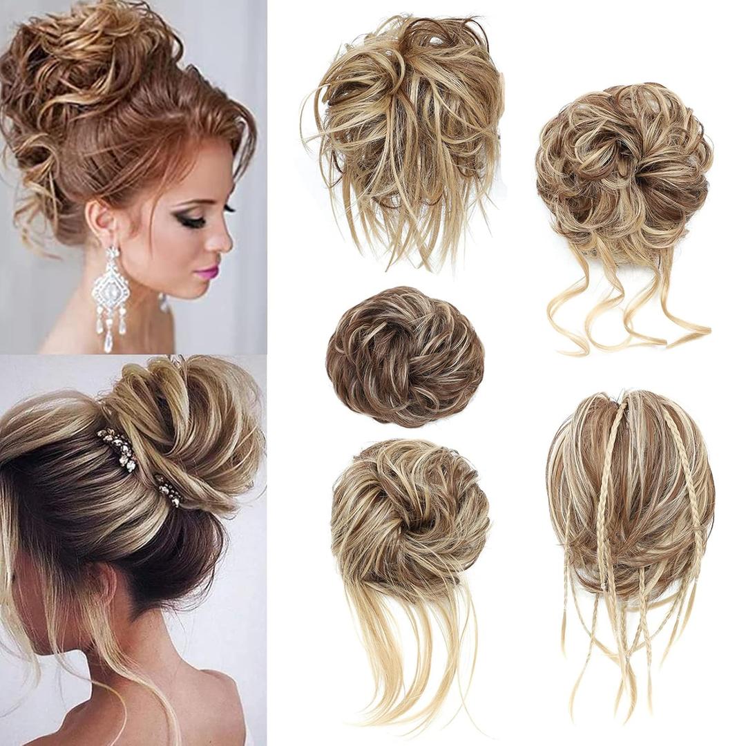5 PCS Messy Bun Hair Piece for Women Scrunchies Ponytail Extension with Elastic Rubber Band Hair Pieces for Updos Fake Hair Buns Hair Piece Accessories Set for WomenBrown mixed with Gold (12H24#)