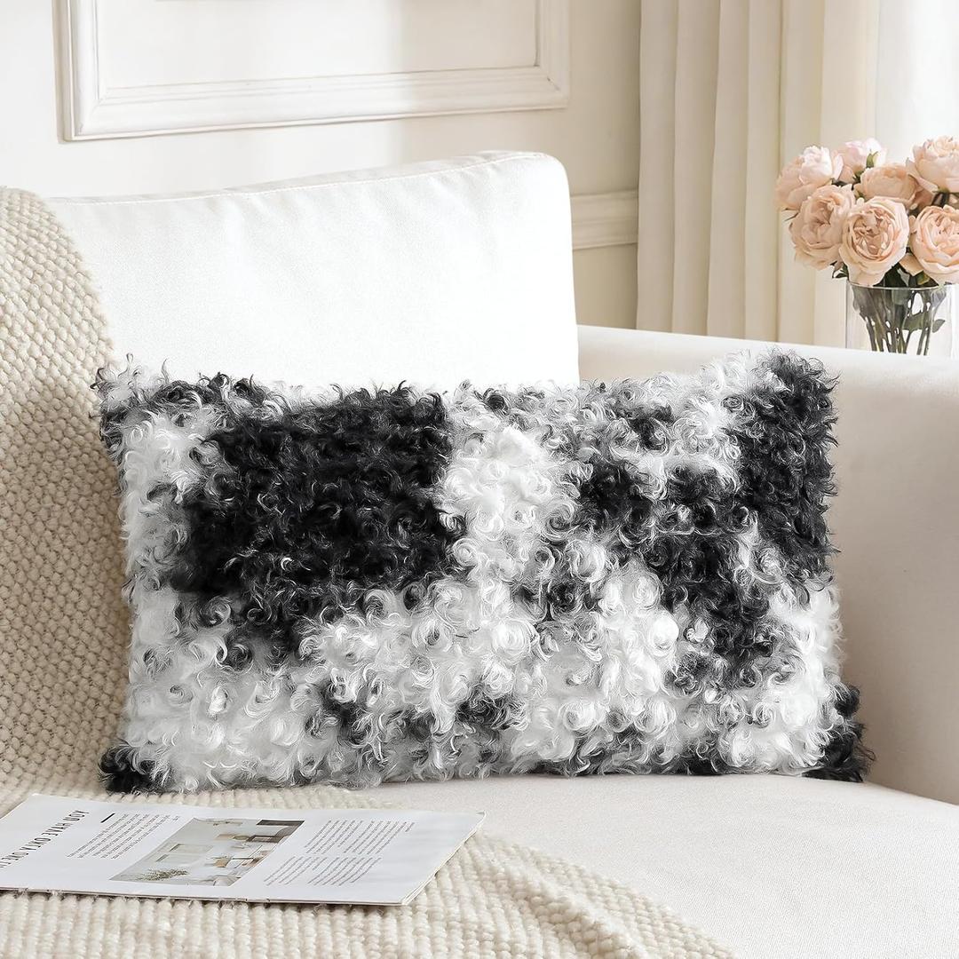 OTOSTAR Faux Fur Boucle Decorative Throw Pillow Cover 16x24 Inch Soft Cozy Plush Pillow Case Velvet Cushion Cover for Sofa Couch Bedroom Living Room, White Black