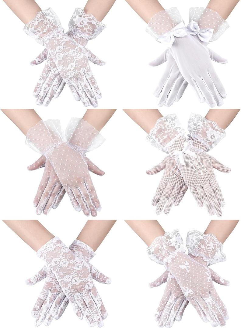 Geyoga 6 Pairs Women Lace Gloves Wedding Tea Party Gloves Elegant Short Novelty Floral Accessories for Funeral Christmas (White)
