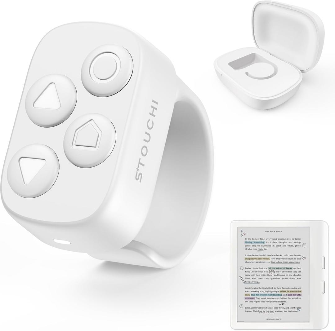 [Designed for Kobo] Remote, Stouchi #1 No-Clip Multi-Function Page Turner Ring with USB C Charging Case Hands-Free Reading for Clara BW/Libra Colour/Clara Colour/Elipsa/Clara 2E/Libra 2/Sage- White