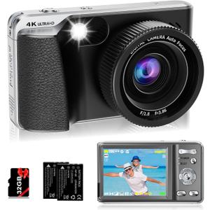 4K Digital Camera for Photography Autofocus,Macro Digital Camera for Kids with SD Card,48MP Vlogging Camera for YouTube with 18X Digital Zoom,Flash, Anti-Shake,2 Batteries