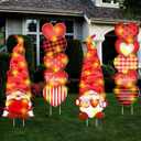4 Pack Large Valentines Day Decorations Outdoor Valentine's Day Yard Stakes Signs LED Lighted Gnome Heart Outdoor Decorations with Stakes Yard Decor with 9.84 ft String Light for Garden Party