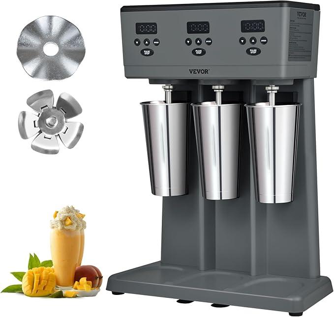 VEVOR Milkshake Maker, 375W x 3 Electric Milkshake Machine, Commercial Triple Heads Drink Mixer Blender, LED Intelligent Microswitch, 3-Speed Milkshake Mixer with 3 x 820 ml Stainless Steel Cups