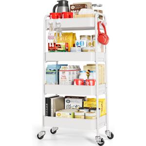 TOOLF 4-Tier Rolling Cart - Metal Storage Organizer with Lockable Wheels, 44 lbs Per Shelf Capacity, Tool-Free Assembly, for Kitchen Bathroom Office Laundry Room Nursery, White