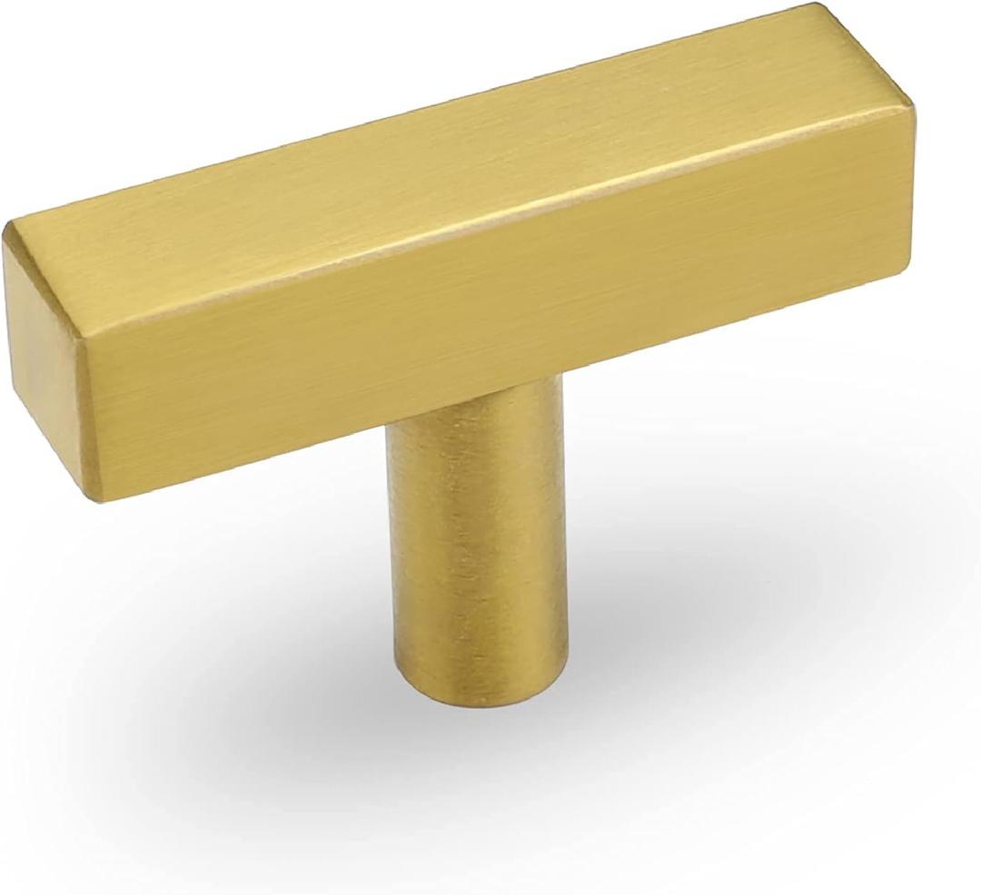 goldenwarm 20 Pack Brushed Brass Cabinet knobs Gold Cabinet Knobs Square Drawer Handles Single Hole T Bar Drawer Handles Kitchen Cabinet Hardware for Cupboard (single hole knob, Brushed Gold)