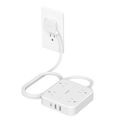 TESSAN Surge Protector Flat Extension Cord 5Ft, Flat Plug Power Strip with 4 Outlets 3 USB Ports (1 USB C), 900 Joules Protection, Multiple Wall Outlet Extender Suitable for Home Office Dorm, White
