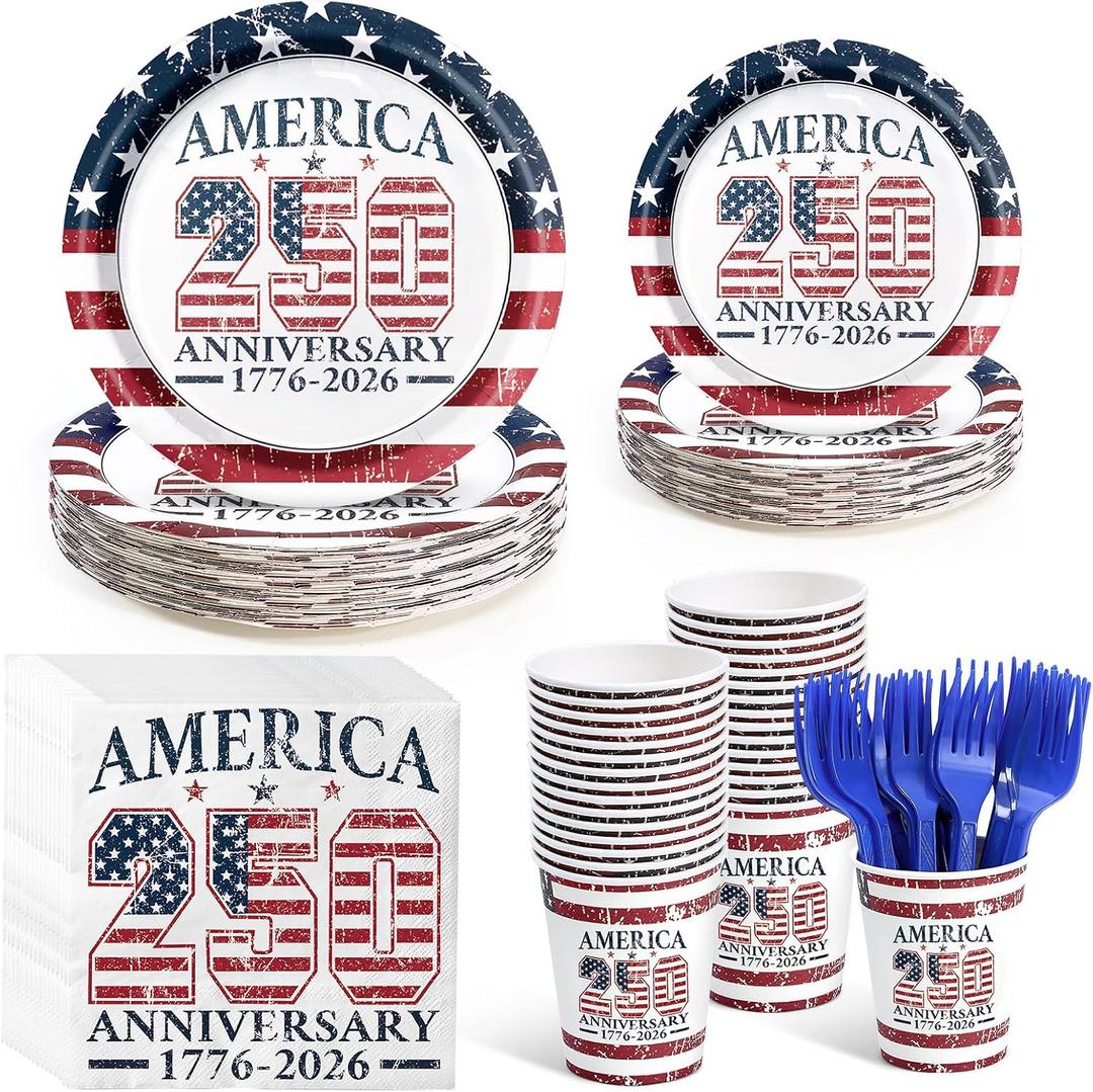 250 Pcs 250th Anniversary 4th of July Party Supplies for 50 Guests Vintage Patriotic Plates Napkins Cups Forks Red White Blue 4th of July Disposable Tableware for Independence Day Party Decor