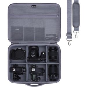 L LTGEM Large Camera Case Compatible with Canon/Sony/Nikon DSLR Mirrorless Camera and Multiple Lens, Hard Travel Carrying Case with 5 Dividers and Shoulder Strap, Gray