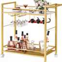 Bar Cart,Home Bar Serving Cart with Storage Shelves, 2 Tier Rolling Beverage Cart with Wheels, Modern Wine Cart with Wine Rack and Glass Holder for Kitchen, Living Room,Dinning Room,Gold