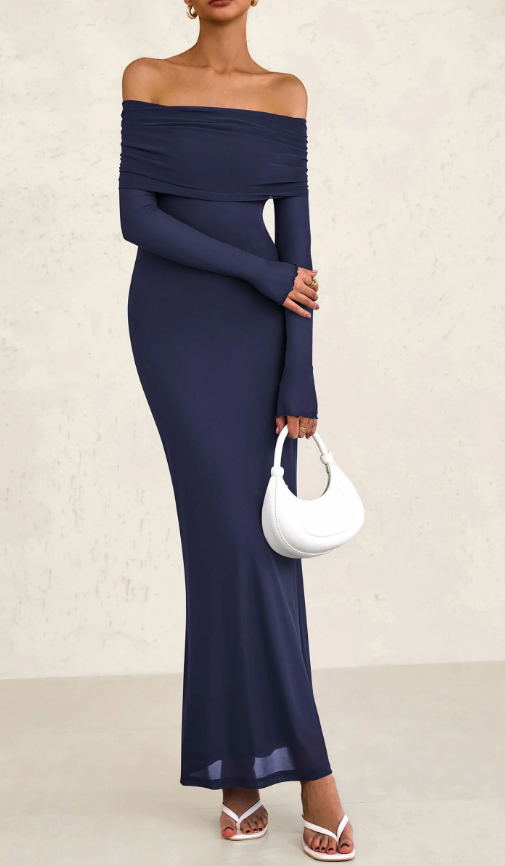 PRETTYGARDEN Fall Dresses for Women 2025 Elegant Off The Shoulder Long Sleeve Formal Wedding Guest Bodycon Maxi Dress(Navy,Medium)