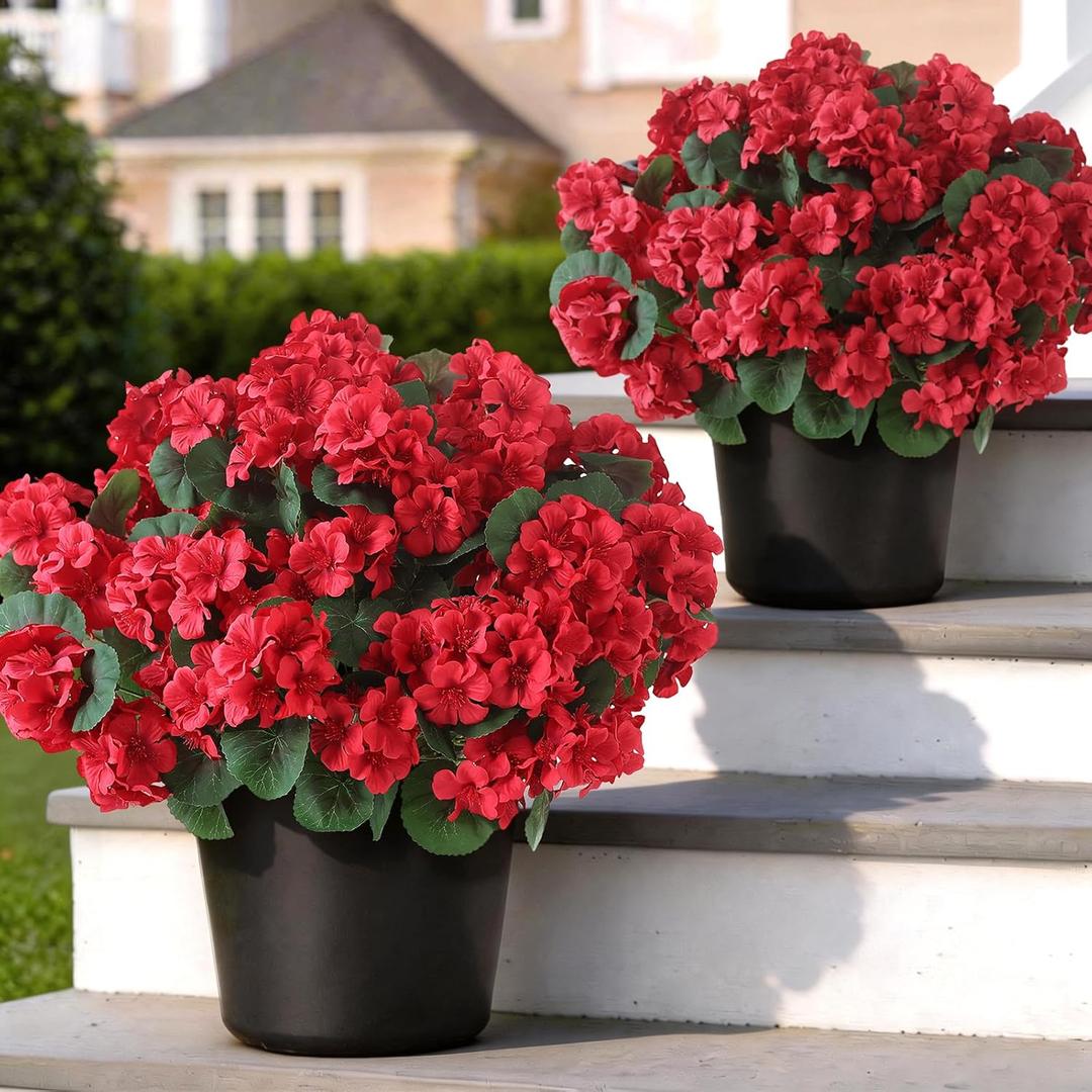 GLIDLION 2 Pack Artificial Geranium Flowers Topitary Trees for Outdoors, UV Resistant Geraniums Potted Bushes Look Real Silk Faux Plants for Front Door Garden Porch Planter Farmhouse Home Decor (Red)