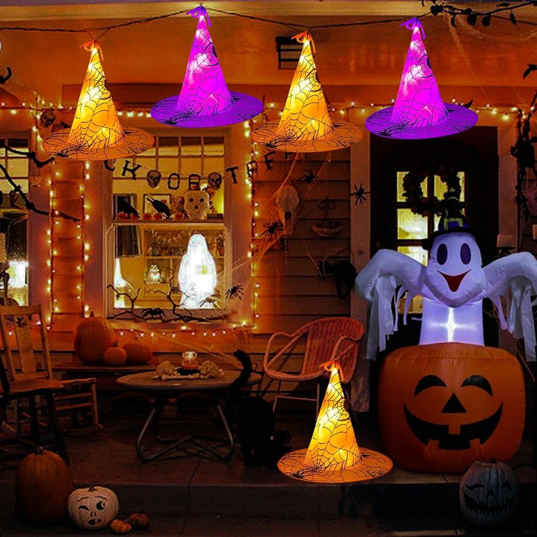 Halloween Decorations Outdoor,8PCS Glowing Witch Hats Halloween Decor with Remote Control,Waterproof Battery Operated Hanging Ghosts Lights for Home Tree Porch Yard Garden Outside Decoration