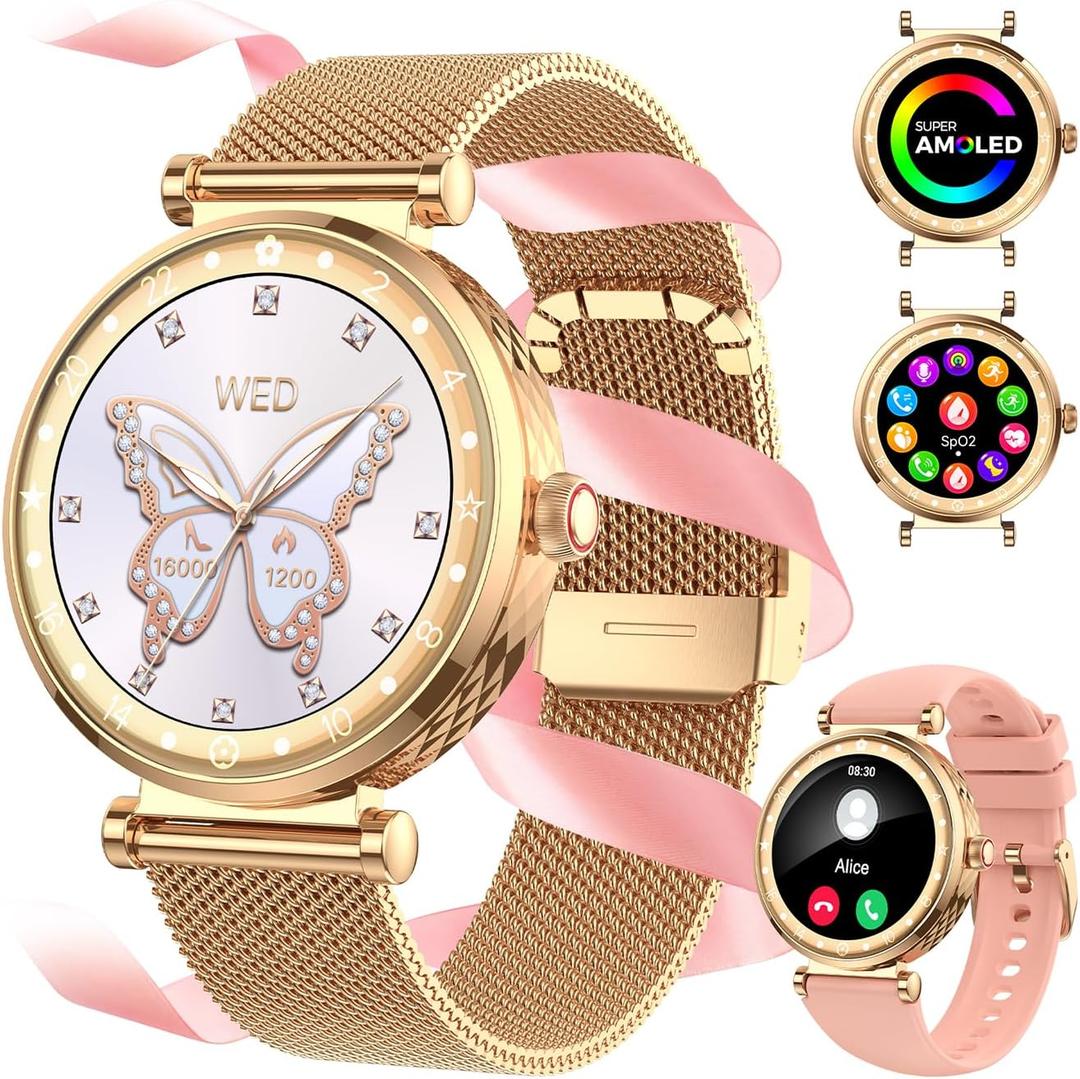 Smart Watch for Women, HD AMOLED Display Fitness Tracker Bluetooth Make/Answer Call, 1.19" Watches with 110+ Sports Modes/Heart Rate/Sleep Monitor/SpO2, Smartwatch IP68 Waterproof for Android iOS (Rose Gold)