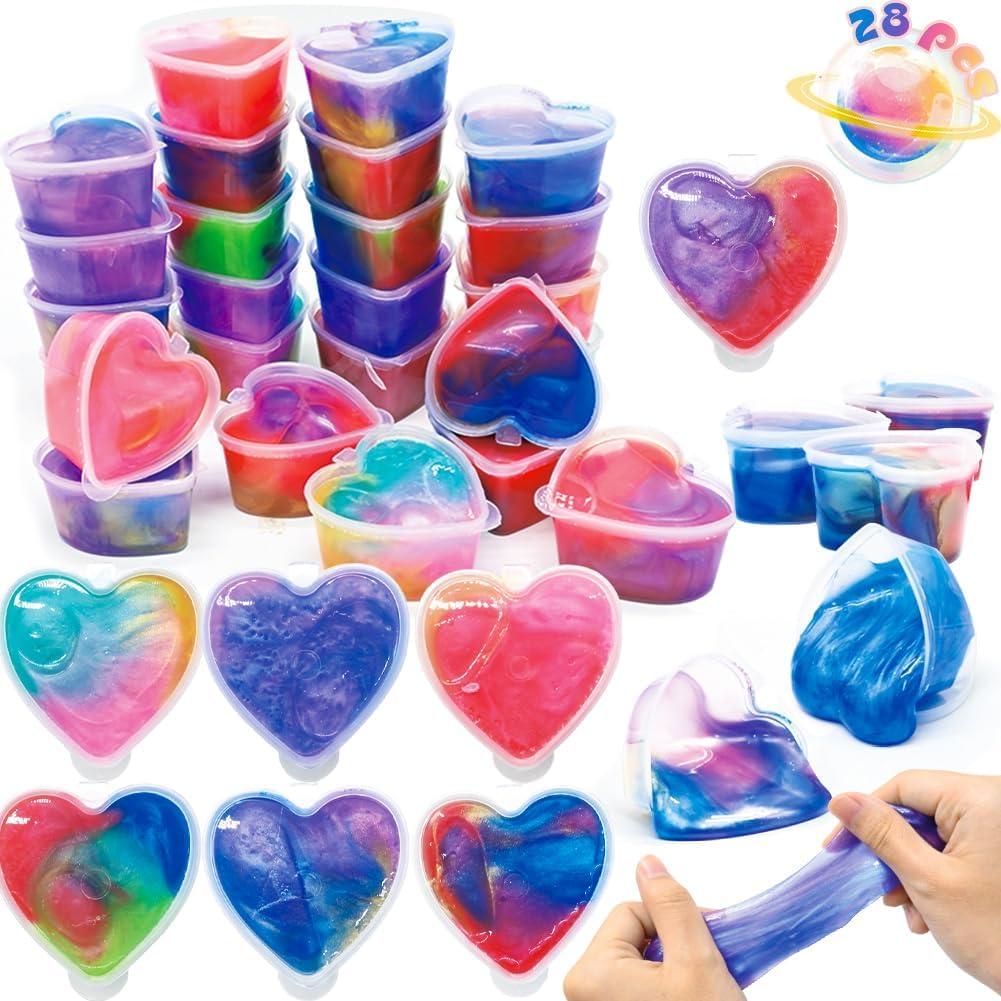 28Pcs Galaxy Slime Set, Cute Animals Cards Stress Relief Fidget Toys for Kids Valentines Day Classroom Gift Exchange, Easter Eggs Stuffer & Party Favors