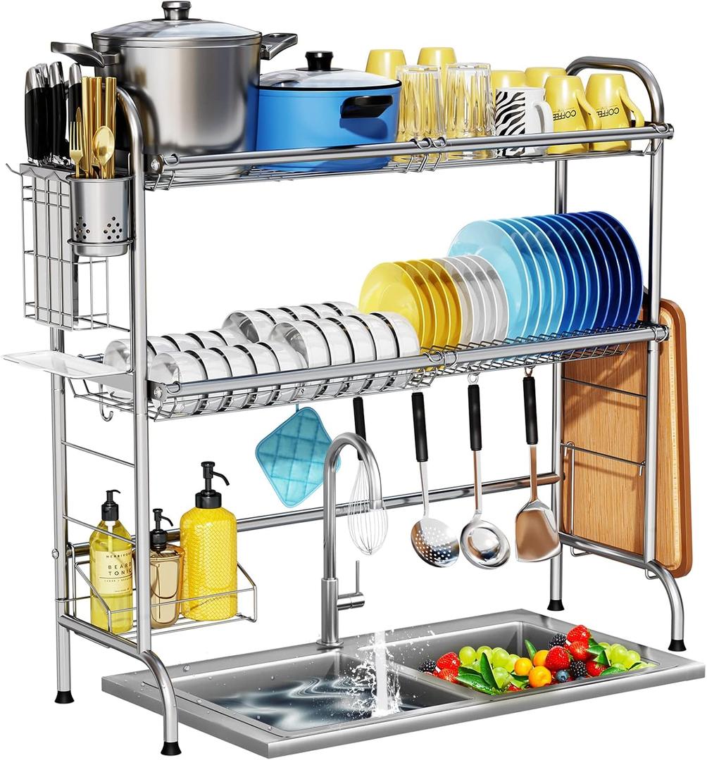 HOWDIA Stainless Steel 2-Tier Over The Sink Dish Drying Rack with Utensil Holder, Large, for Kitchen Counter (3 Tier,silver)