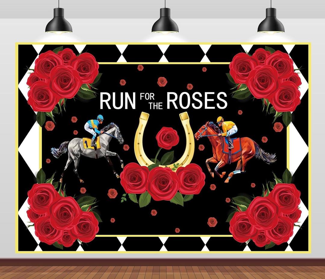 BELECO 8x6ft Fabric Run for The Roses Backdrop Derby Horse Racing Party Decorations Backdrop Horse Race Party Decor Banner Photo Booth Shoot Studio Props