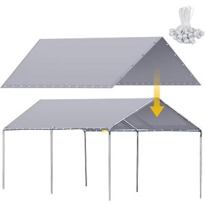 12 x 20 ft Heavy Duty Canopy Replacement Cover Waterproof Carport Garage Car Shelter Tarp Tent for Car Canopy with 50 Ball Bungees, Only Top Cover, Frame is Not Included Grey