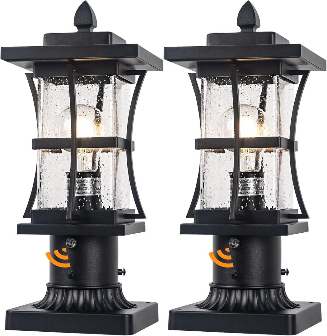2 Packs Dusk to Dawn Outdoor Post Light Fixture with Pier Mount Base - Black Outdoor Pole Lighting, Waterproof Pillar Lantern, Modern Outside Column with Seeded Glass for Pathway, Garden, Patio,