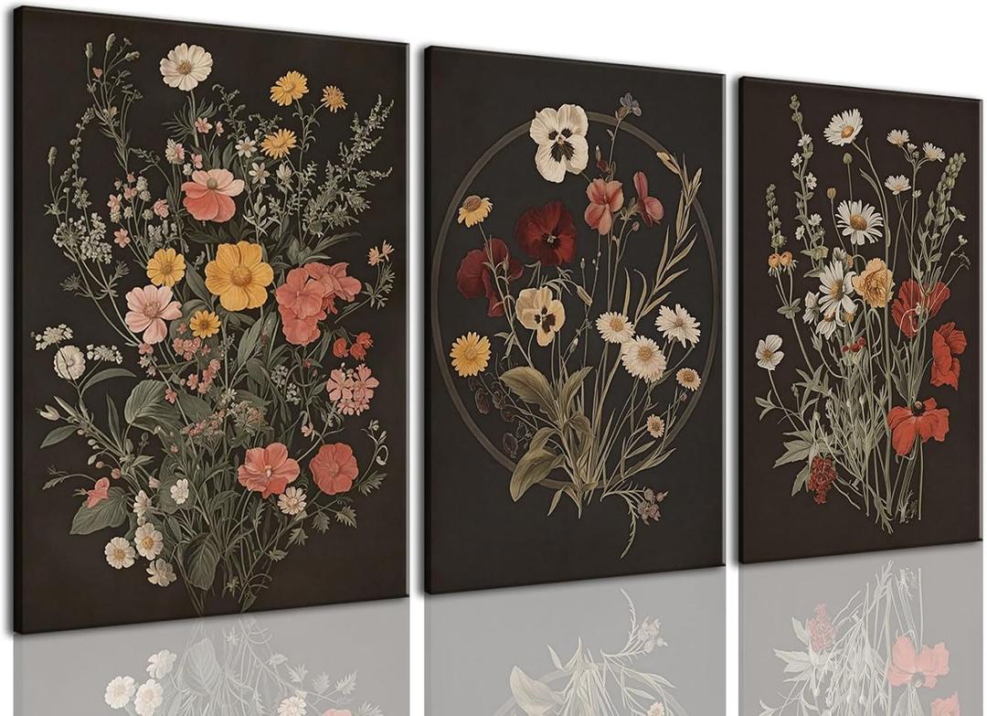 TUEASKY 3 Piece Dark Floral Canvas Wall Art Vintage Botanical Wall Art Moody Flower Decor Black Wildflower Art Prints for Living Room Bedroom Office 16x24in Framed