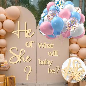 Large Wooden Gender Reveal Party Decor Backdrop Decals with 30 PCS Pink Blue Balloons He or She What Will Baby Be Balloon Arch Signs Colorable Boy or Girl Party Sticker Banner Baby Shower Photo Props