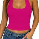 ForeFair Backless Halter Tops for Women - Summer Tank Top Casual Open Back Cute Sleeveless (Large, Hot Pink)