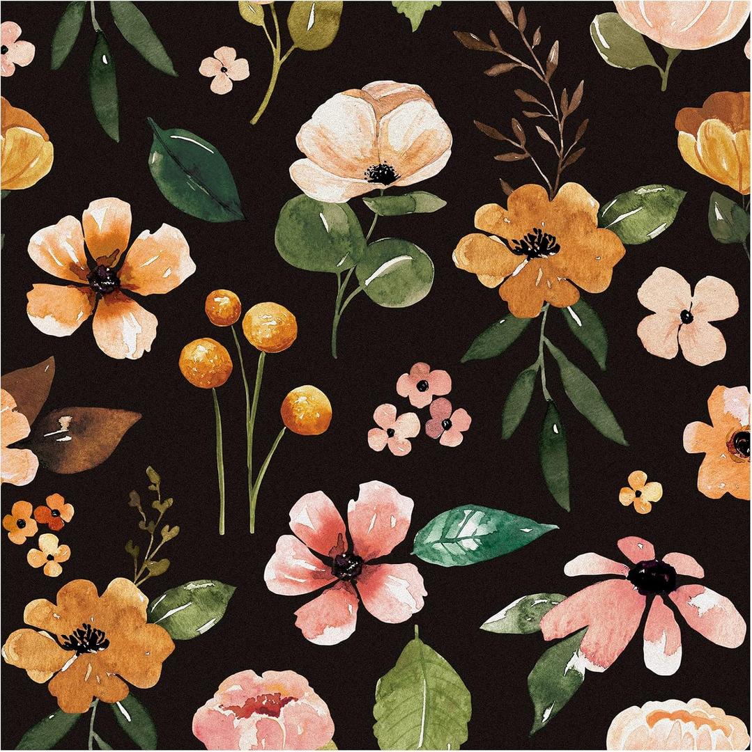HAOKHOME Black Floral Wallpaper Peel and Stick Black/Yellow/Green Renter Friendly Contact Paper for Bedroom Bathroom 17.7in x 9.8ft
