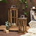 TIMRIS Large Farmhouse Wooden Metal Lantern Set of 2, Rustic Decorative Floor Candle Lanterns, Vintage Distressed Hanging Lanterns for Home Dcor (No Glass)