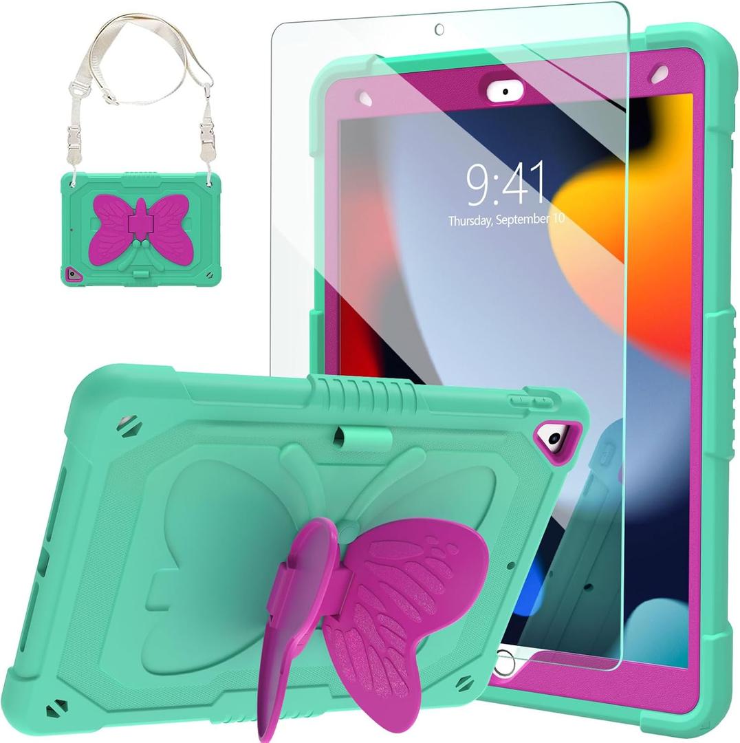 Ambison Case for iPad 9th/8th/7th Generation 10.2 inch with Glass Screen Protector,Rugged Shockproof Protective Cover for Kids Girls Butterfly Stand,Shoulder Strap for iPad 2021/2020/2019-Mint