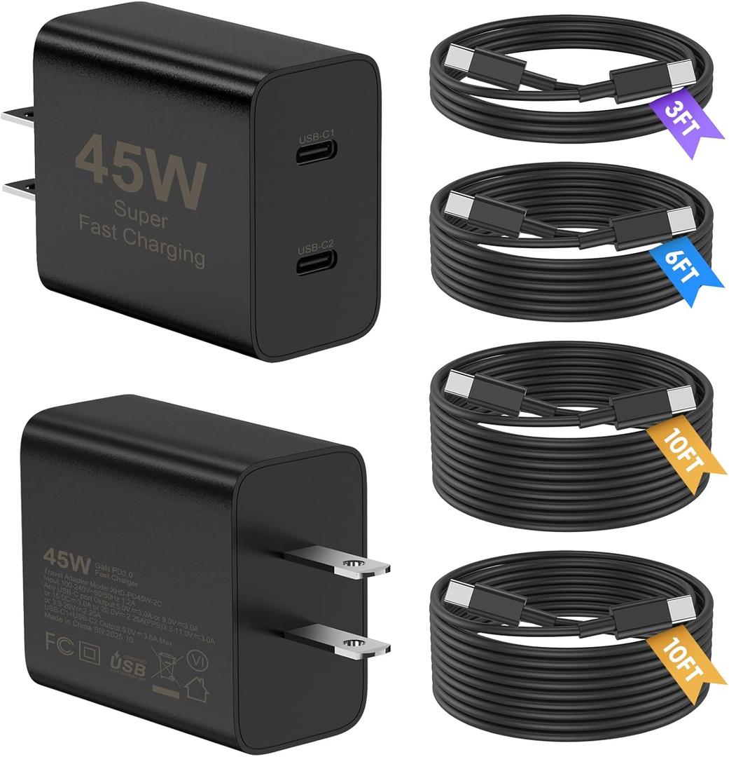Super Fast Samsung Charger Type C, 2Pack 45W Dual Port USB C Fast Charger Block with Long 60W 3/6/10/10FT USB C to C Cable for Samsung Galaxy S25/S25 Ultra/S25+/S24 Ultra /S24/S24+/S23/S22/iPhone 17