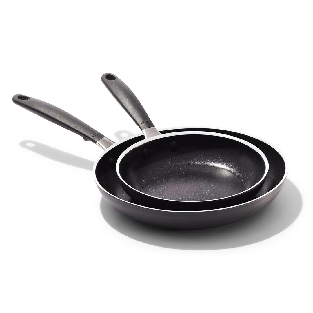 OXO Non-Stick Every Day Frying Pan Set, BPA-Free Comfort Grip Silicone Handles, Dishwasher & Oven Safe, PFAS-Free Ceramic Skillets, Black, 8 & 10