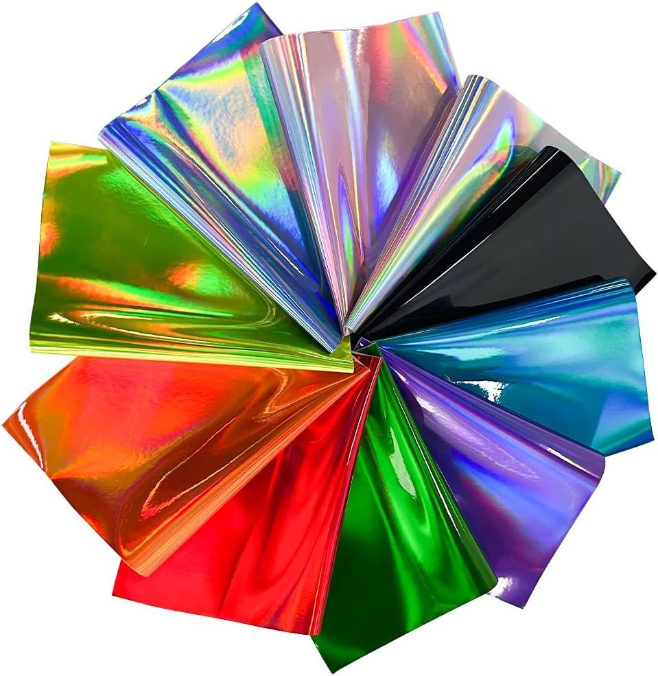 10 Pcs Holographic Faux Leather Sheets for Crafts, 8.3" x 11.8"(21x30cm) Colorful Luster Leather Fabric for Jewelry Bows Making DIY Projects