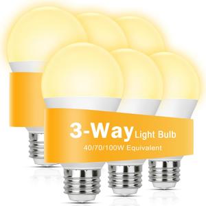 3 Way Light Bulbs 40 70 100W Incandescent Equivalent, LED Dimmable 4/8/12W Three Way Light Bulbs, Soft White 3000K, E26 Medium Base A19 3 Way Bulb for Floor Lamp Desk Lamp Table Lamp Reading, 6-Pack