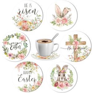 Whaline Easter Ceramic Coasters 6Pcs Watercolor Flower Easter Bunny Rabbit Drink Coaster Spring Floral Cup Mat for Mugs Cups Home Kitchen Christian Party Supplies, 4.1 x 4.1 x 0.3 Inch