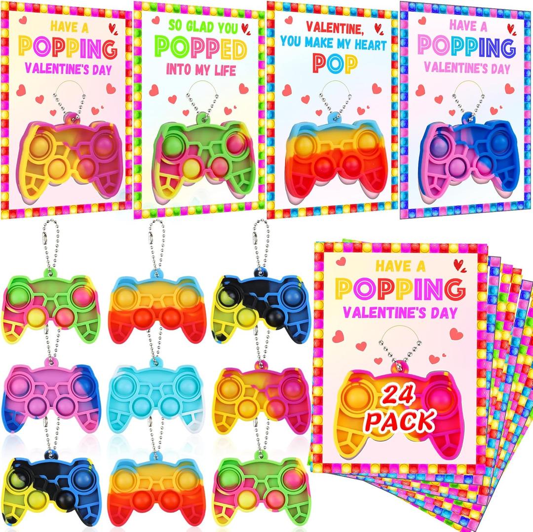 24 Pack Valentines Day Cards for Kids Classroom with Mini Pop Fidget Keychain Valentines Day Gifts for Kids School, Valentine Exchange Cards for Class Party Favors Set Toddlers Girls Boys