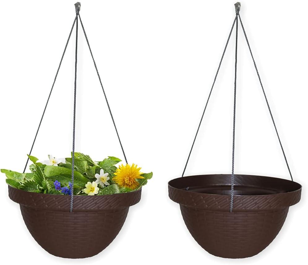 Set Of Two 13 IN Hanging Ceiling Planters, Indoor Or Outdoor Hanging Planters With Ropes, Durable Plastic Planter With A Rattan Appearance In Chocolate Color, Hanging Planter For Trailing Plants