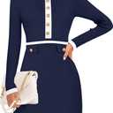 ZESICA Women's Fall Long Sleeve Bodycon Sweater Dress Crewneck Button Knit Color Block Party Mini Dresses (Blue, M)