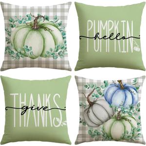 2 x Artscope Fall Decorative Throw Pillow Covers 20x20 Inch Set of 4, Hello Pumpkin Give Thanks Buffalo Plaid Outdoor Farmhouse Pillow Cases for Home Sofa Couch-Green