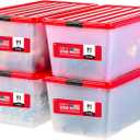 IRIS USA 91 Qt. Stackable Plastic Storage Bins with Lids, 4 Pack - BPA-Free, See-Through Organizing Solution, Latches, Durable Nestable Containers, Secure Pull Handle, Made in USA - Red