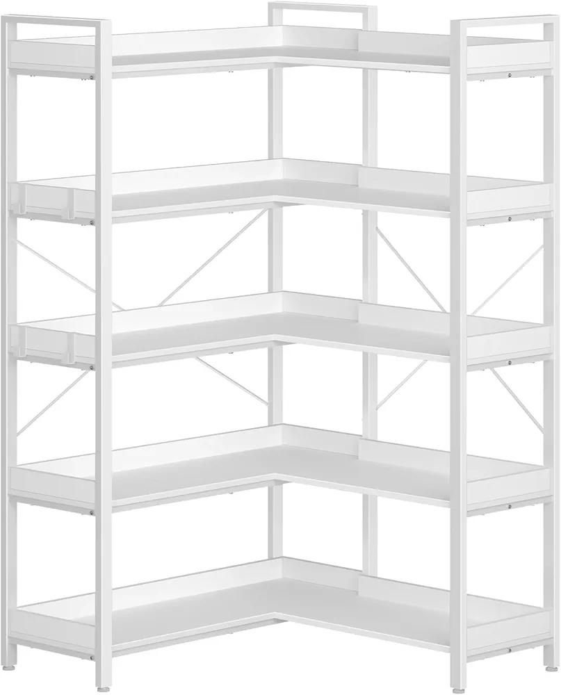Rolanstar Bookshelf 5 Tier with 4 Hooks, Reversible Corner Bookshelf, 65" Industrial Wooden Bookcase with Open Shelves and Metal Frame for Living Room, Bedroom, Home Office, White