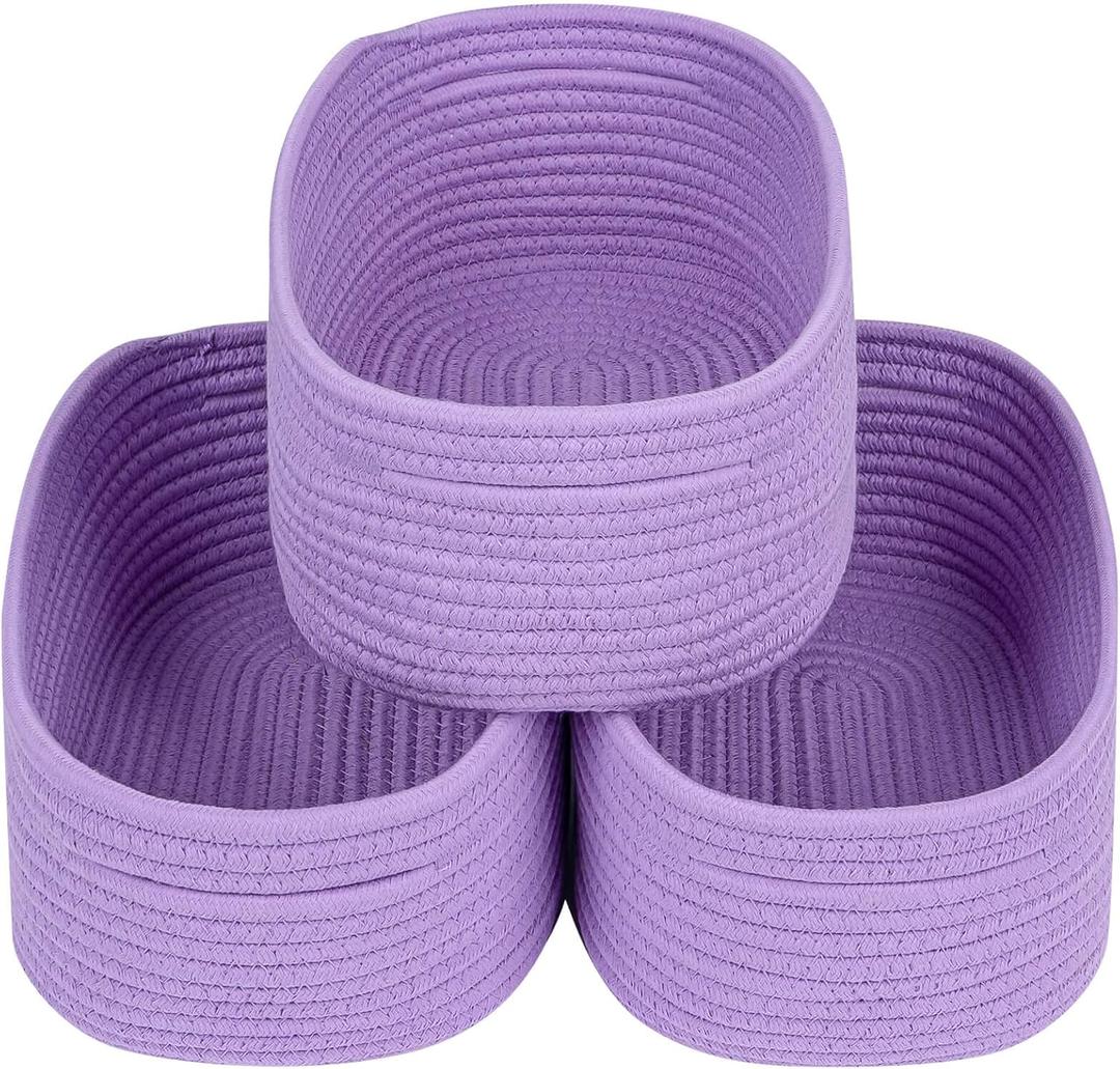CubesLand Small Storage Baskets for Shelves, Closet Organization Storage Bins Empty Gift Basket 3 Packs Baby Nursery Woven Baskets for Organizing, Rectangular Clothes Closet Shelves Baskets Purple