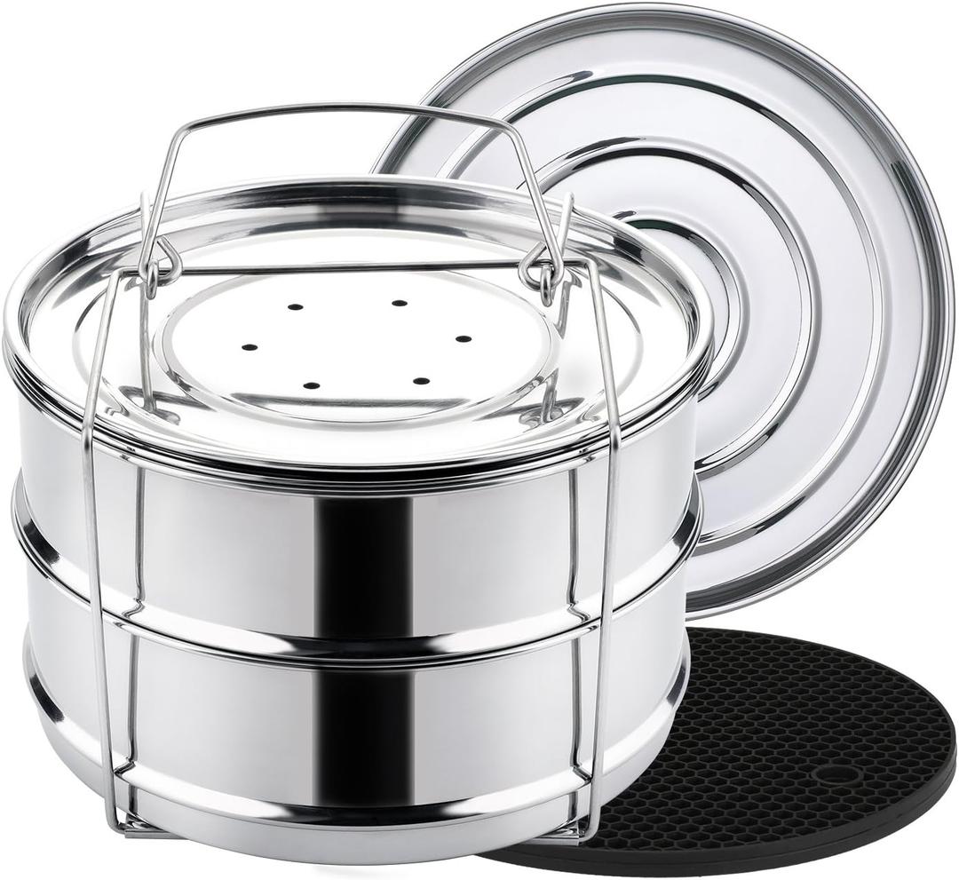 Aozita Stackable Steamer Insert Pans with Sling for Instant Pot Accessories 6/8 qt - Pot in Pot, Baking, Casseroles, Lasagna Pans, Food Steamer for Pressure Cooker, Upgrade Interchangeable Lids