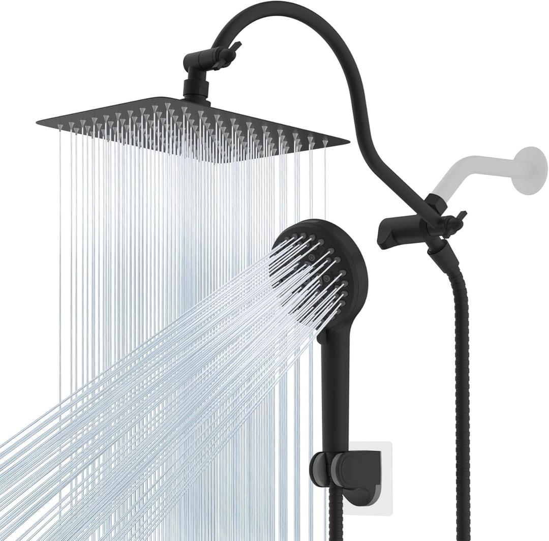 Hibbent All Metal High Pressure Rainfall 10'' Shower Head, CUPC Certified Handheld Showerhead Combo, 12'' Adjustable Shower Extension Arm, 10-Spray, 71'' Hose, Adhesive Showerhead Holder, Matte Black