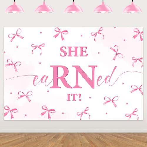 Nurse Graduation Backdrop Pink Bow She Earned It Graduates Photography Background Congrat RN Party Decorations for Class of 2026 She Did It Graduation Prom Party Nursing School Survivor Grad Party