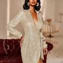Sequin Saprkly Mini Dress Long Sleeve Homecoming V Neck Bodycon Dress Party Prom Cocktail Glitter Dress (Beige, XL)
