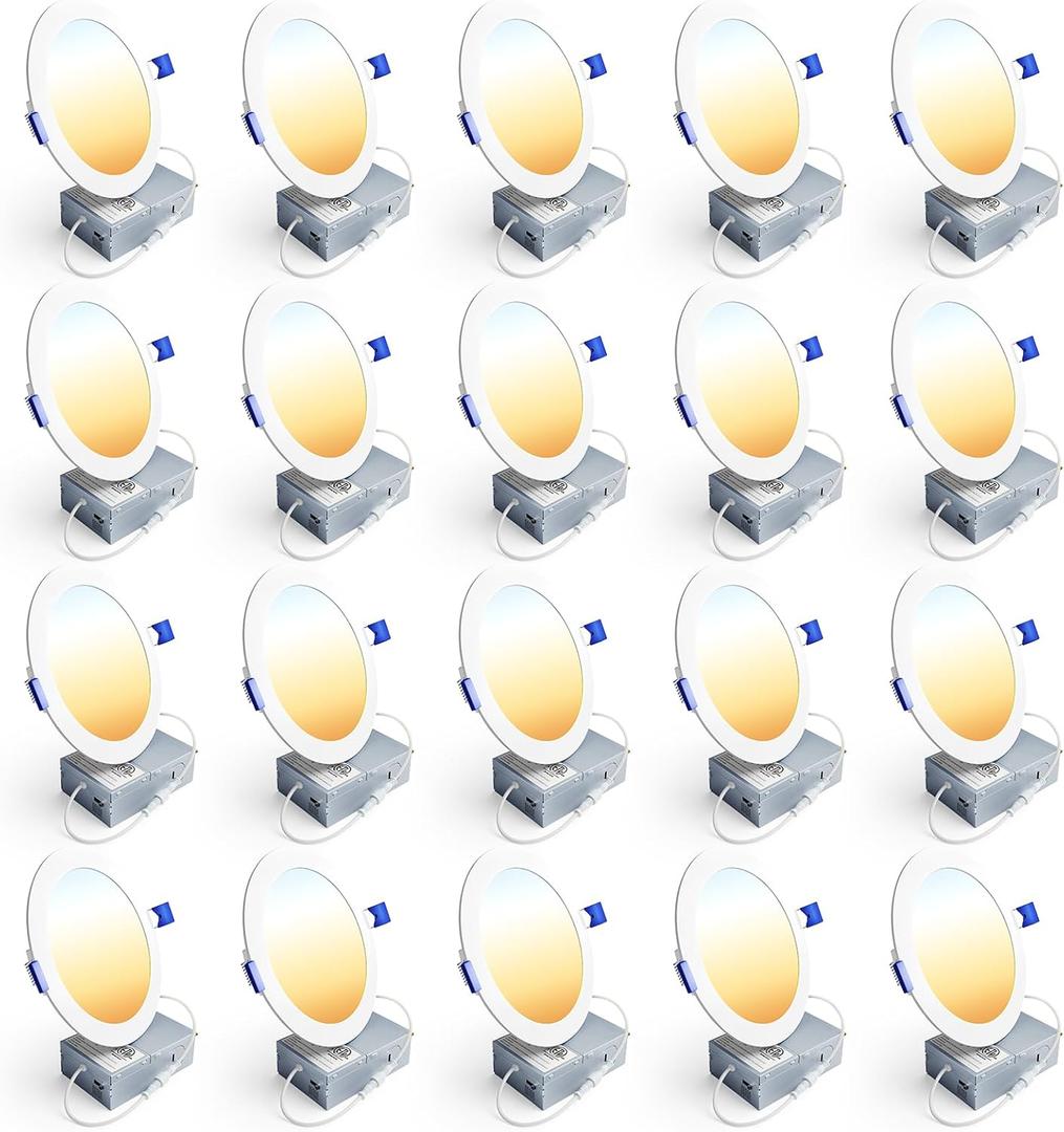 Ensenior 20 Pack 6 Inch LED Recessed Light, 5CCT Dimmable Canless Wafer | 2700K-5000K Selectable, 5%-100% Dimmable, 1200LM 12W 120V, IC & Damp Rated, ETL & FCC & UL Certified, 50000h Life Span