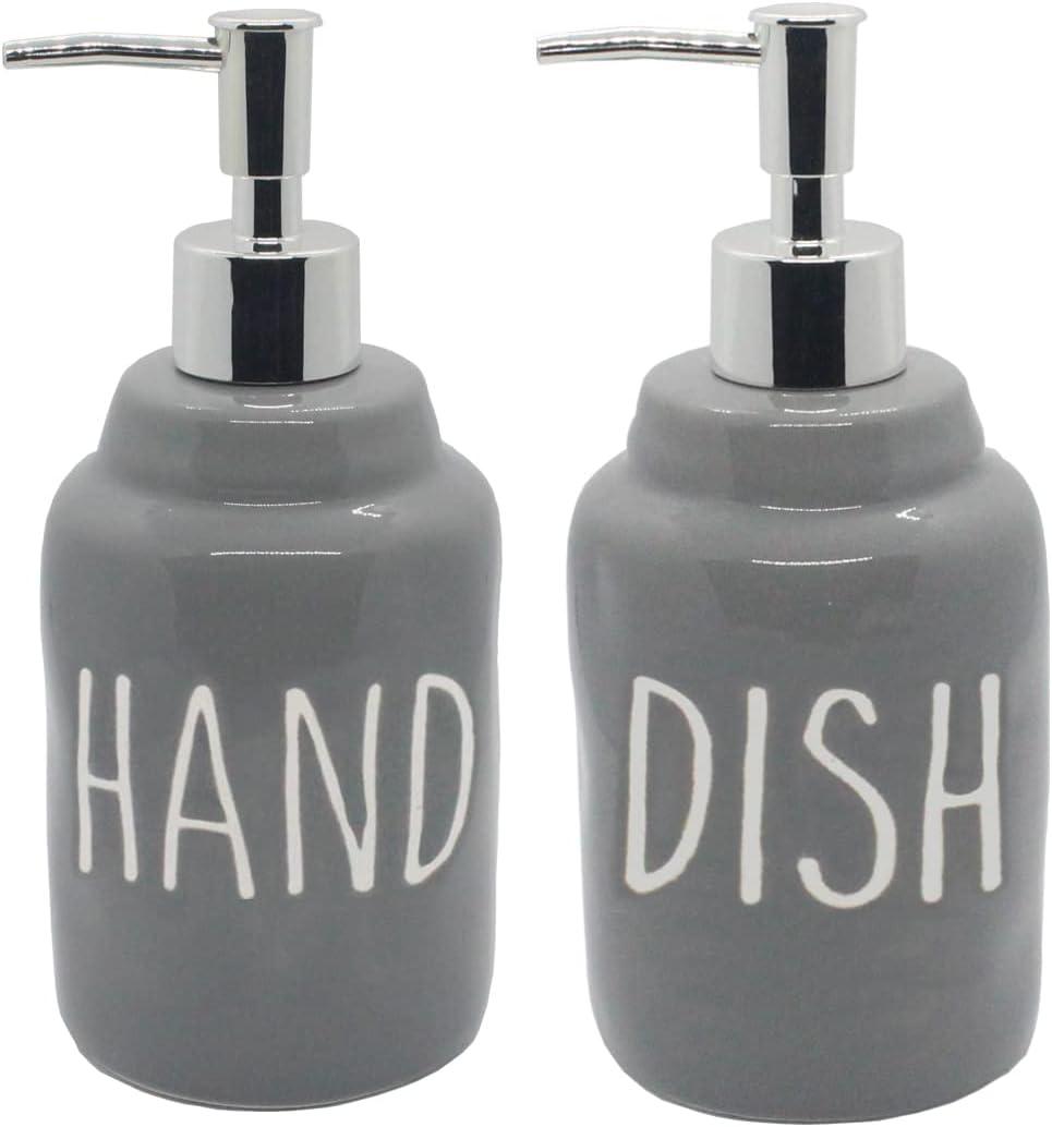 Ceramic Soap Dispenser Bottles, Engraved Hand & Dish Labels, Eco-Friendly Design for Kitchen Sink, Bathroom Countertop, Modern Farmhouse Decor (2-Pack,16 Oz, Gray)