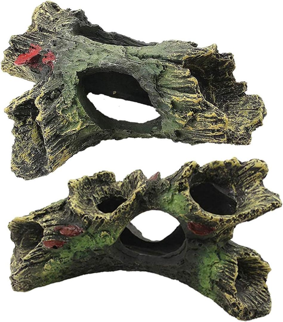DoubleWood 2 PCS Decaying Trunk Betta Fish Driftwood Resin Crafts Ornament with Holes & Aquarium Caves Fish Tank Wood Decor