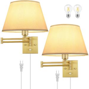 TRLIFE Dimmable Wall Sconce Plug in, Brushed Brass Wall Sconces Set of 2 Swing Arm Wall Lights with Plug in Cord and Dimmer On/Off Knob Switch, 11.8" Large White Fabric Shade(2 LED Bulbs Included) (Gold)