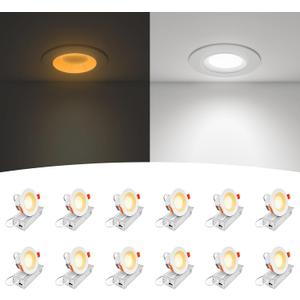 12-Pack 3 Inch Anti-Glare Recessed LED Lights with Night Light, Deep Baffle Downlight, Dimmable, 2700K-5000K 5CCT Selectable, with Junction Box, Canless, 680lm, ETL Listed, White